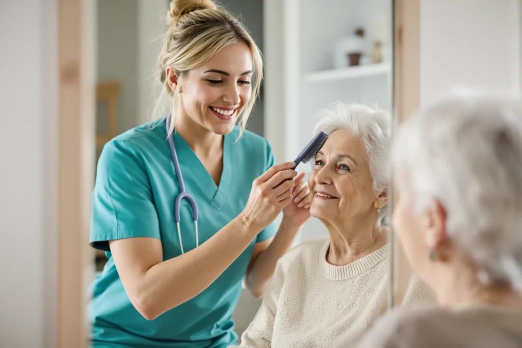 Home health aide helping an elderly woman brush her hair in her bedroom