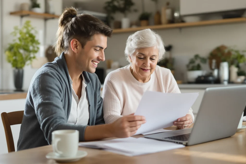 Care coordinator reviewing coverage options with an adult son and his mother at their kitchen table