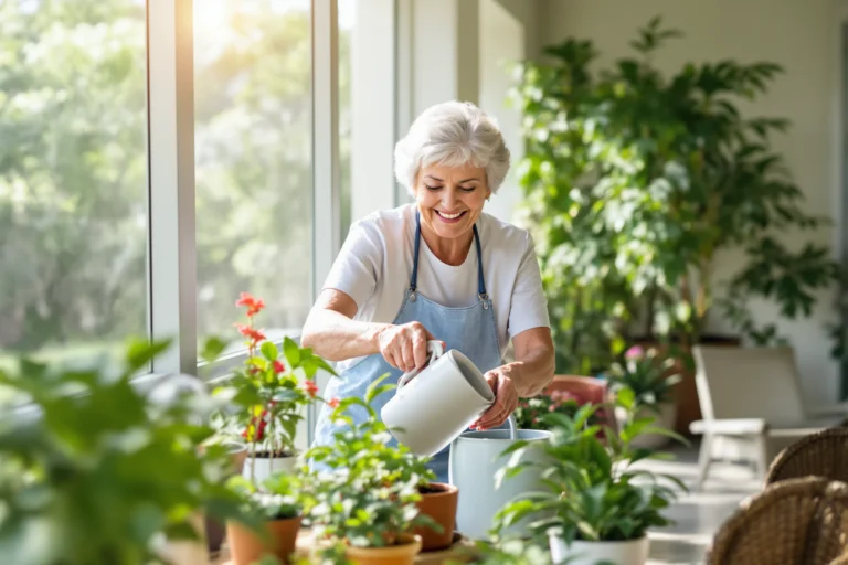 Caregiver and an elderly woman watering plants together on a sunny lanai