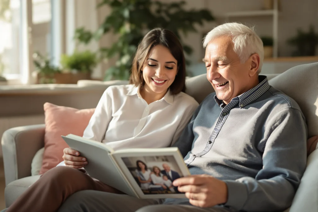 Caregiver looking through a family photo album with an elderly man living with dementia
