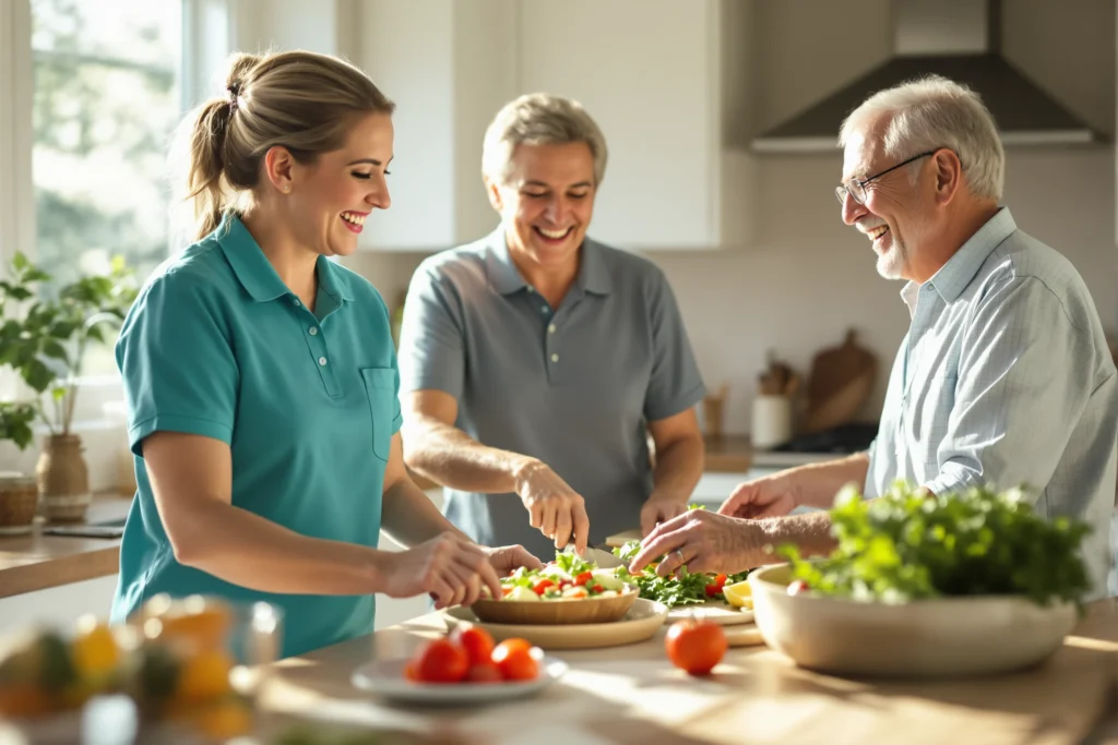 Caregiver laughing with an elderly couple while preparing lunch in their kitchen