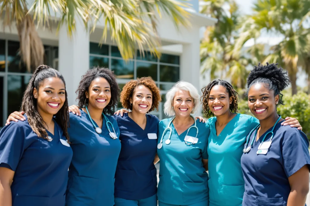 Team of Sample Home Health nurses and caregivers standing together outside the office