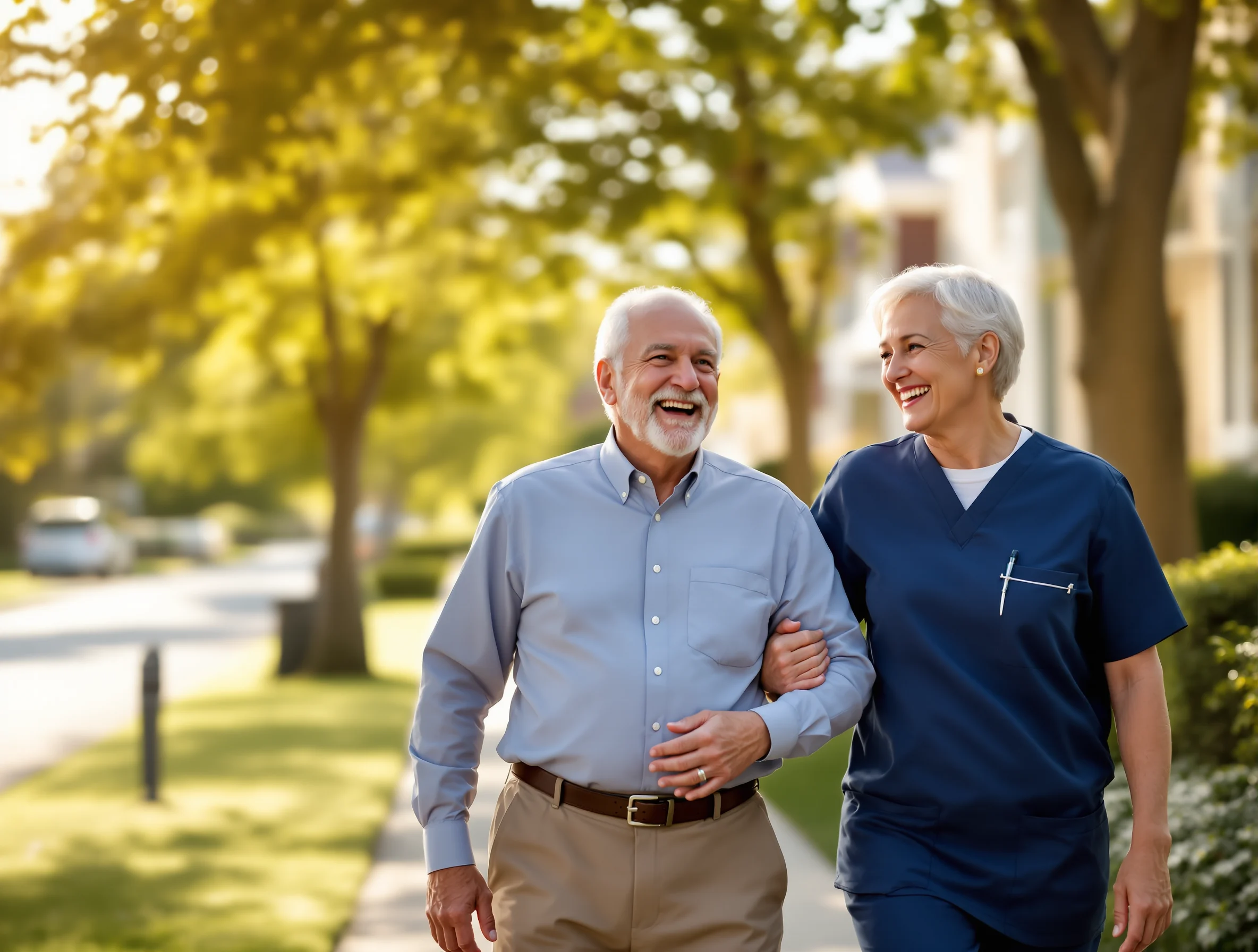 Caregiver walking with an elderly man in his neighborhood