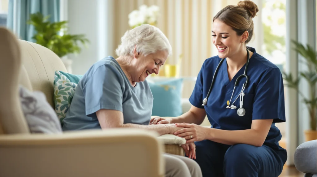 Home health nurse holding the hand of an older woman in her living room