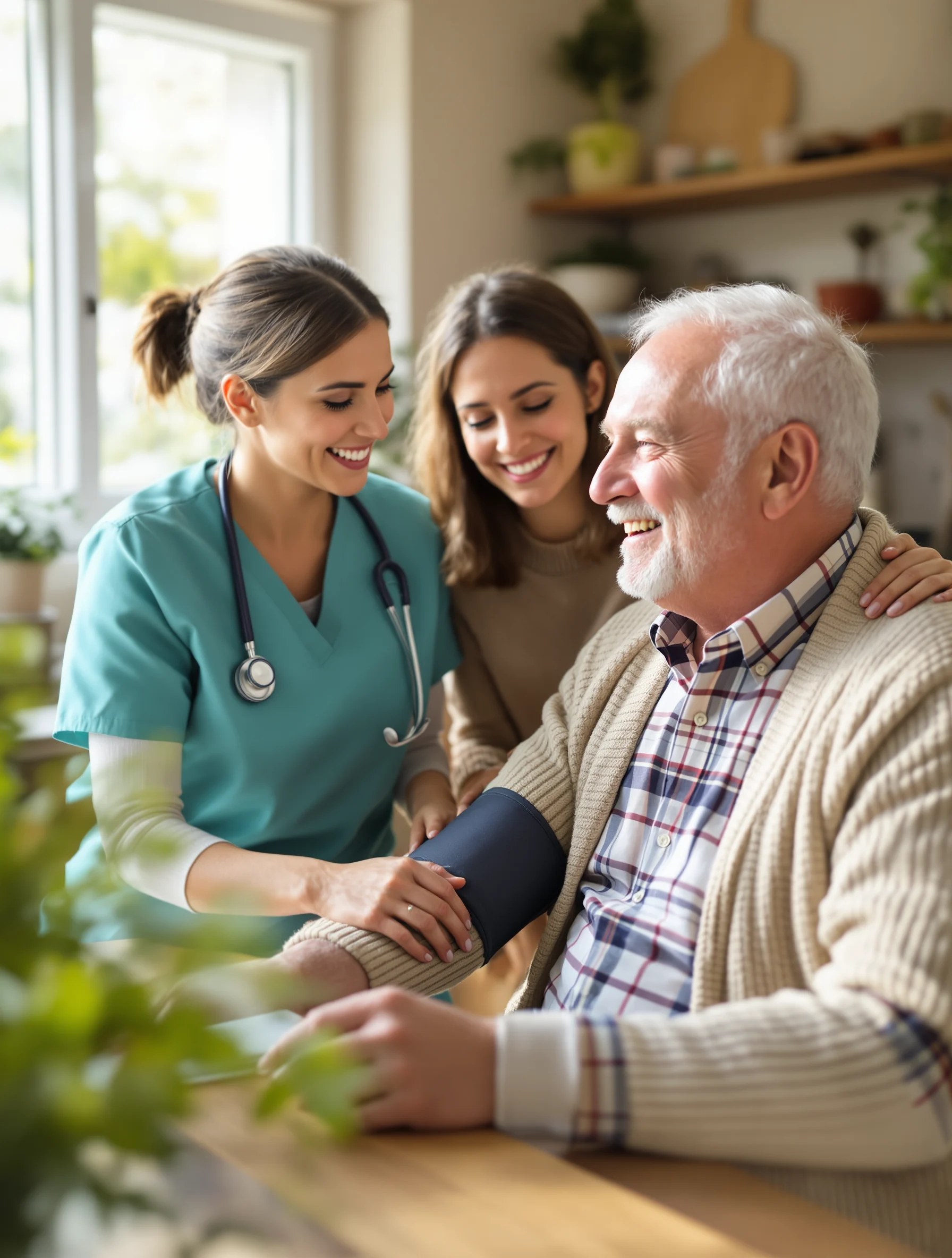 Nurse checking a senior man's blood pressure at home while his daughter looks on
