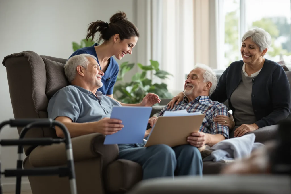 Nurse helping a senior man settle into his recliner at home after a hospital stay