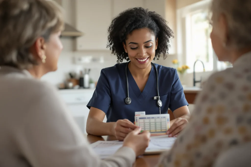 Nurse helping a senior woman organize her weekly medications at home