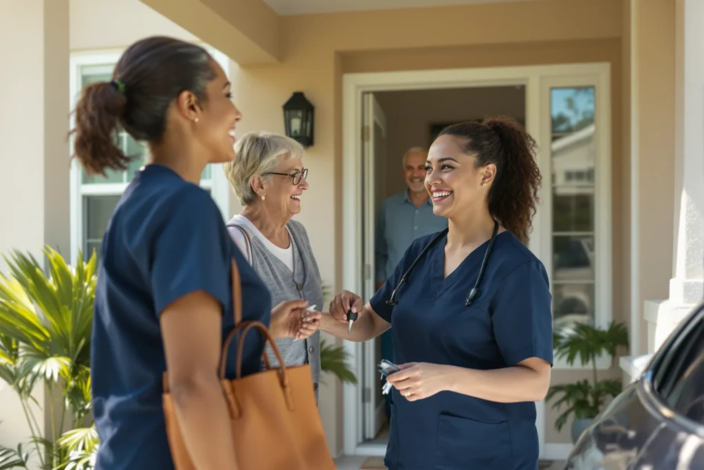 Family caregiver welcoming a respite caregiver at her front door
